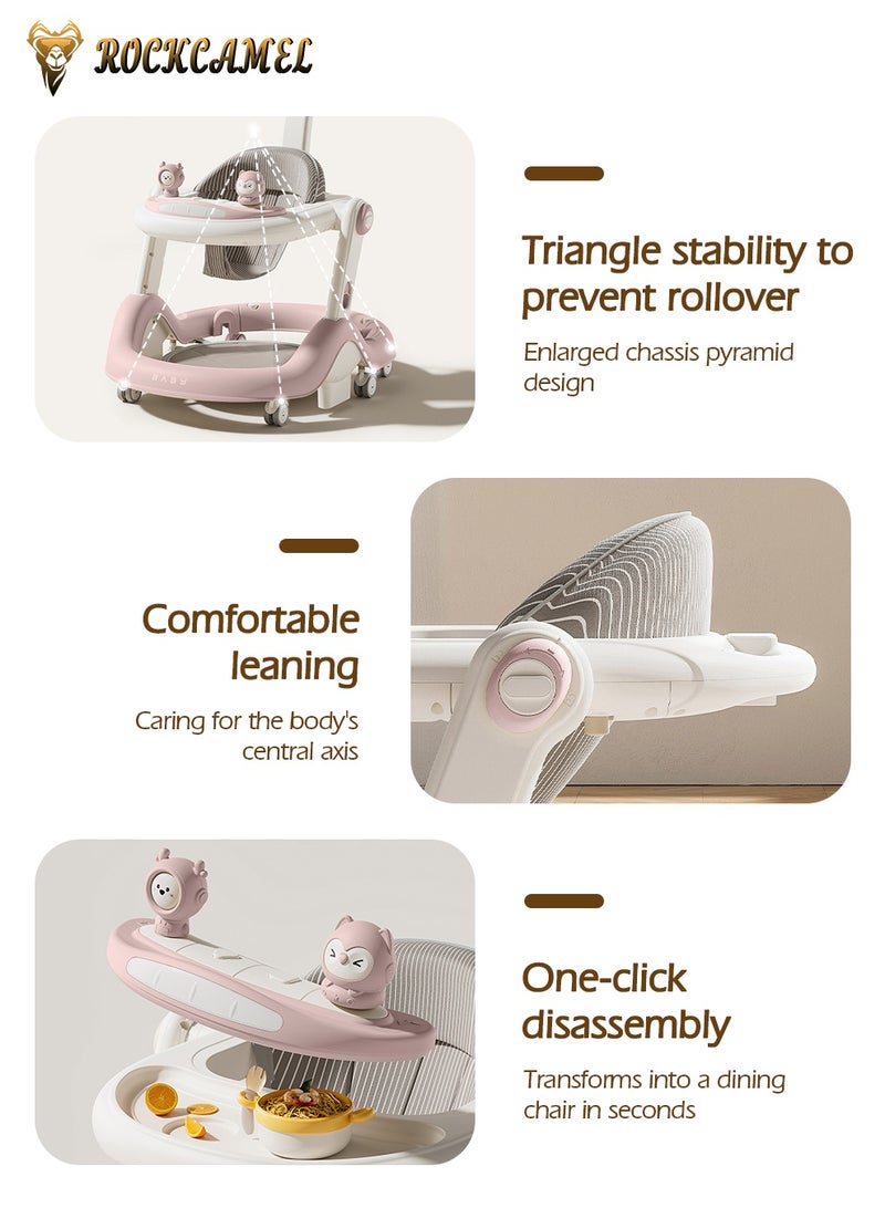 ROCKCAMEL 3-in-1 Foldable Baby Walker, Adjustable Height Anti-Tip Activity Walker with Music, Push Handle, Removable Tray & Footrest, Convertible Sit-to-Stand Learning Walker for Baby 7-18 Months, Pink - Image 5